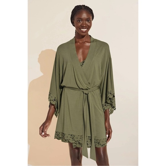 Eberjey Naya Tencel Modal Lace Robe in Olive Green, Size Medium - Picture 1 of 14